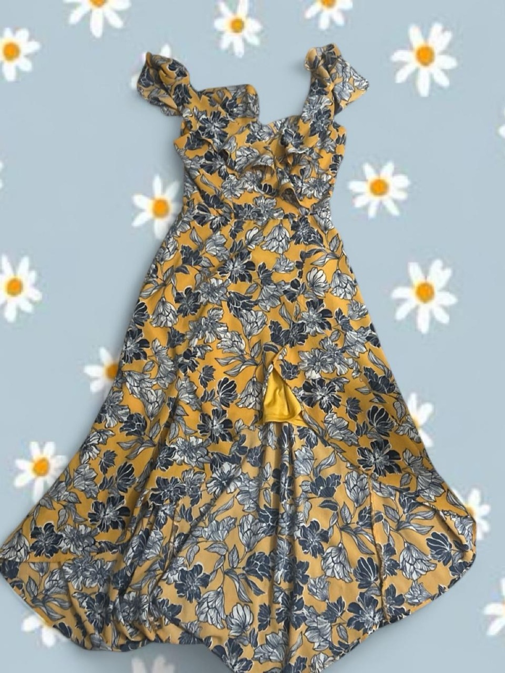 Iz Byer Yellow Floral High-Low Dress with Navy & White Print